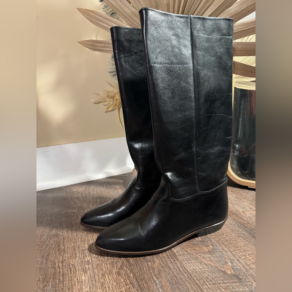 New Vtg NINE WEST Black Leather Q-LOUISA Knee-High Flat Riding Style Boots 9M